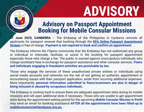 Passport Appointment Advisory for the Consular Office in San .